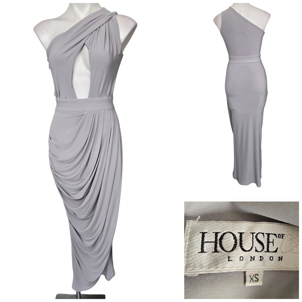 House of CB London One Shoulder Keyhole Draped Maxi Dress Grey XS